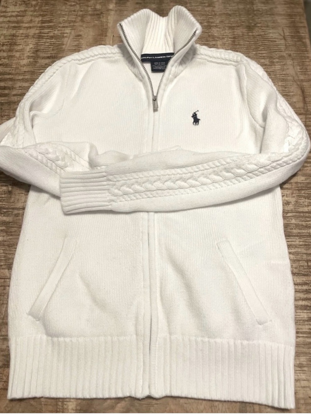 Ralph Lauren White Cable Knit Zip-Up Sweater